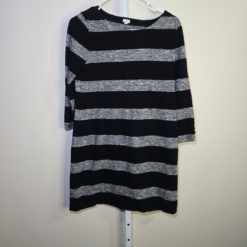 J. Crew Womens XS Black Grey Striped 3/4 Sleeve Knit Shift Dress Boat Neck Mini